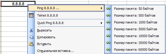запуск PING из контекстного меню Excel